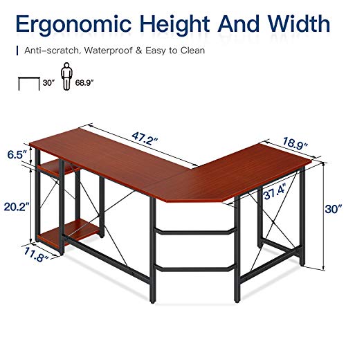 Coleshome L Shaped Computer Desk 66" with Storage Shelves, Corner Gaming Desk, Sturdy Writing Desk Workstation, Modern Wooden Desk Office Desk, Wood & Metal, Teak