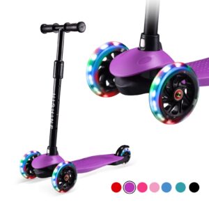 hishine kick scooter for kids with 3 light up wheels and adjustable height for 2-7 years old ages girls boys toddlers & children,lean to steer, 3-wheeled scooters (12-purple1)
