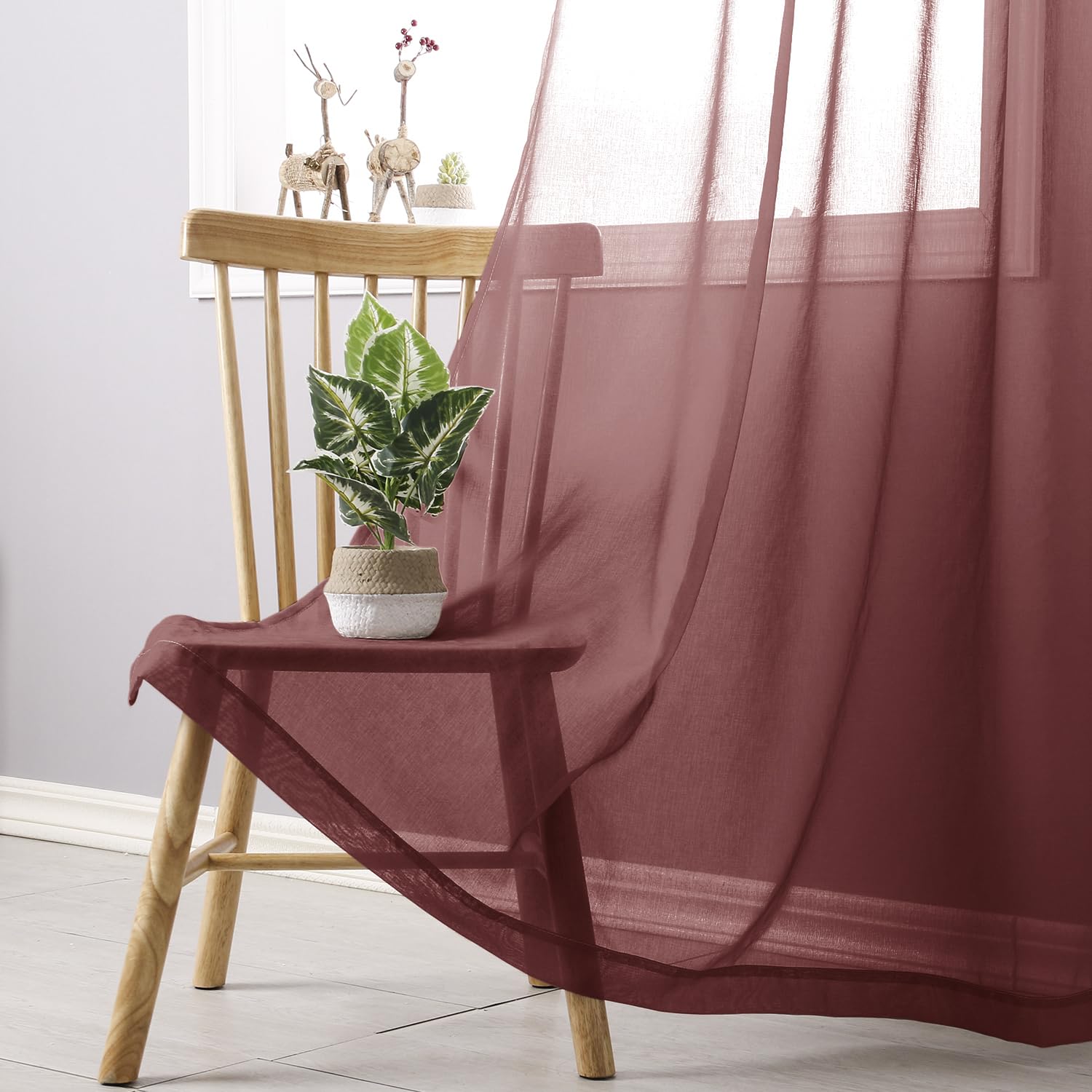 DWCN Faux Linen Ombre Sheer Curtains - Gradient Semi Voile Grommet Top Window Curtains for Bedroom and Living Room, Set of 2 Panels, 52 x 84 Inches Long, Burgundy