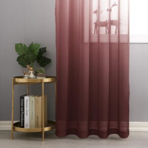 DWCN Faux Linen Ombre Sheer Curtains - Gradient Semi Voile Grommet Top Window Curtains for Bedroom and Living Room, Set of 2 Panels, 52 x 84 Inches Long, Burgundy