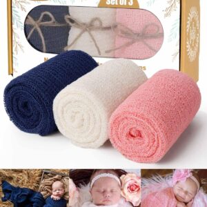 Newborn Photography Props, 3 Pcs Baby Stretch Wraps, Professional Baby Photo Props Long Ripple Wrap, for 0-6 Months Baby (Navy+White+Pink)