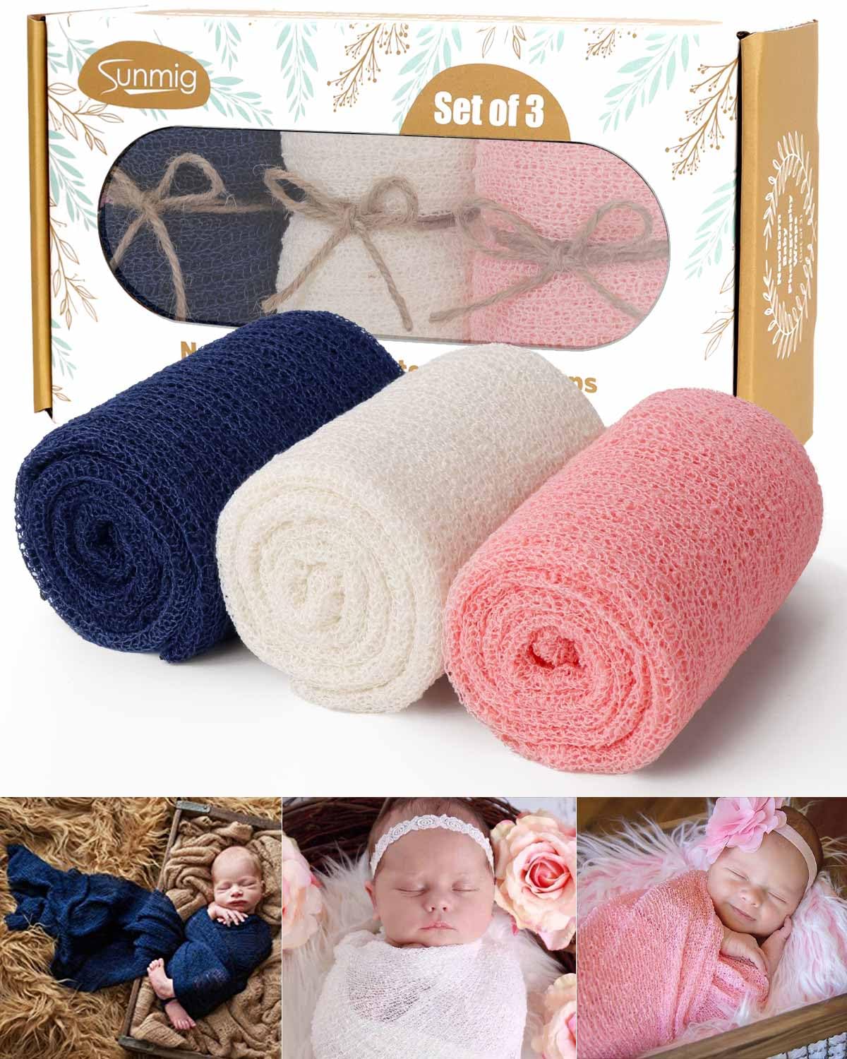 Newborn Photography Props, 3 Pcs Baby Stretch Wraps, Professional Baby Photo Props Long Ripple Wrap, for 0-6 Months Baby (Navy+White+Pink)