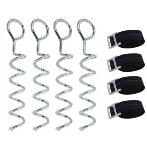 4-pc pack spiral stakes heavy duty anchor kit for trampoline steel stakes anchor kit for trampolines, tents, tarps, canopies,car ports,dog tie out and etc bonus tie down straps 4-pc pack(silver)