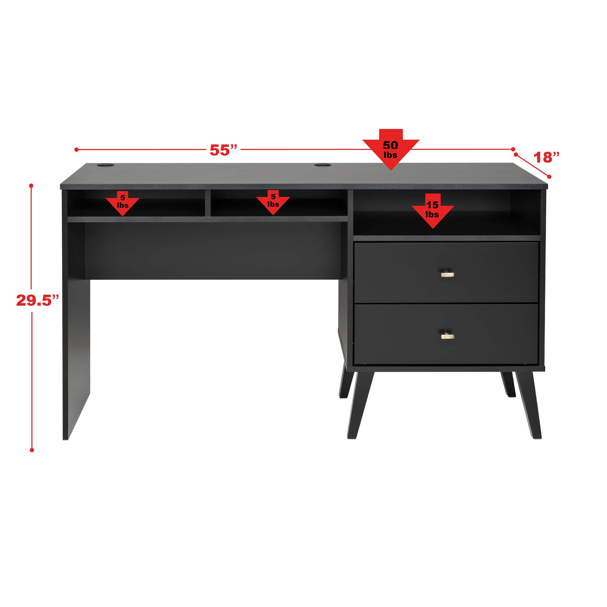 Prepac Milo Desk with Side Storage and 2 Drawers, 55", Black