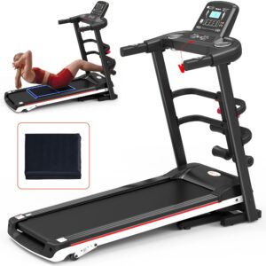 Ksports Treadmill Bundle Electric Folding Incline Treadmill with Auto and Manual Incline, Sit Ups Rack or Strap and Ab Mat, Dumb Bells, Black Medium