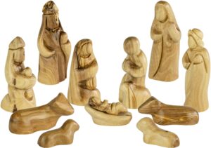 holy land olive wood faceless nativity set from israel, 12 piece unique indoor wooden nativity scene, jesus mary & joseph holy family in the manger figurines, seasonal home décor accent for christmas