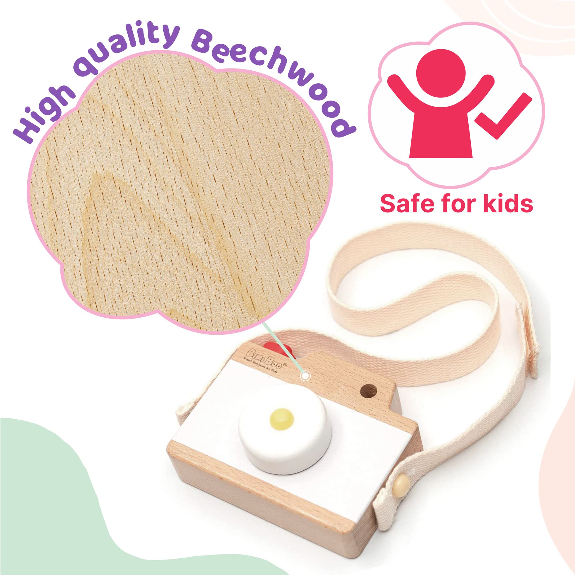 Bimi Boo Wooden Baby Camera Toy- Photographed Props for Pretend Play - Fake Camera for Toddlers 2-3+ Year Olds with Detachable Strap - The Perfect Aesthetic Gift for Kids