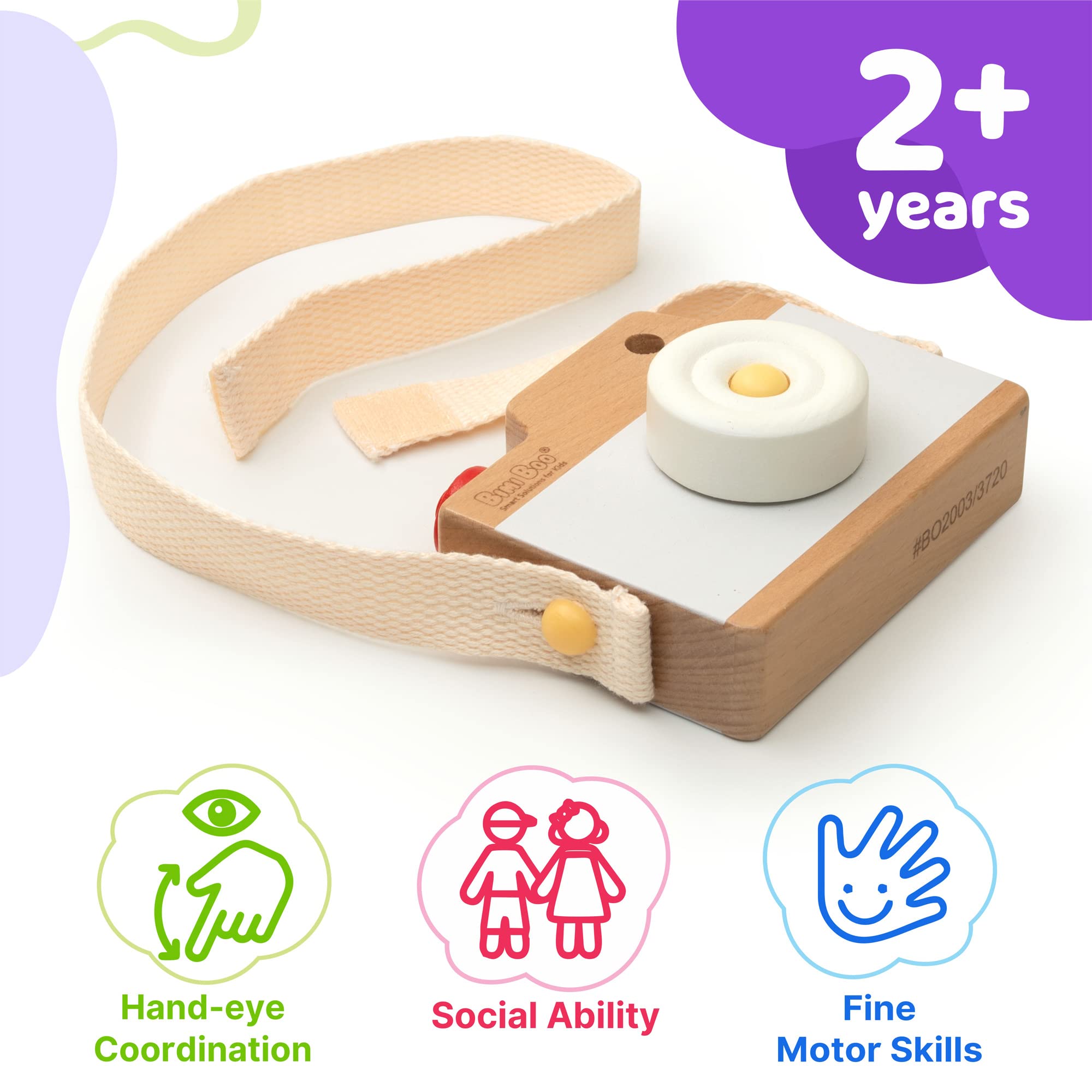 Bimi Boo Wooden Baby Camera Toy- Photographed Props for Pretend Play - Fake Camera for Toddlers 2-3+ Year Olds with Detachable Strap - The Perfect Aesthetic Gift for Kids