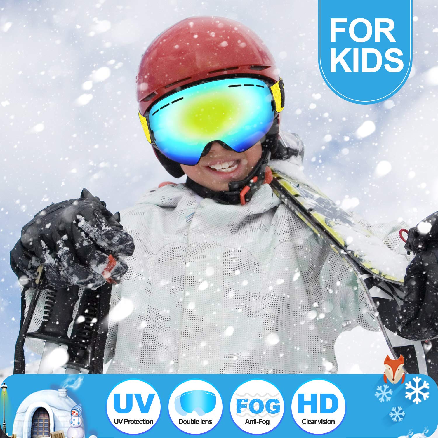 Ski Goggles for Kids Over Glasses Boys Girls Snow Sport Goggle For Teenagers Child Snowboarding Clear Uv Protection VLT 8%