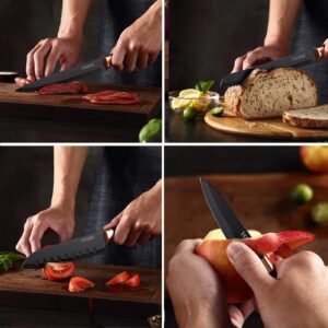 Kitchen Knife Set with Sheath, 6 Piece Stainless Steel Chef Knives Set, Includes 8'' Chef Knife, 8'' Bread Knife, 7'' Santoku Knife, 5''Utility Knife, 8” Carving Knife, and 3.5'' Paring Knife (Black)