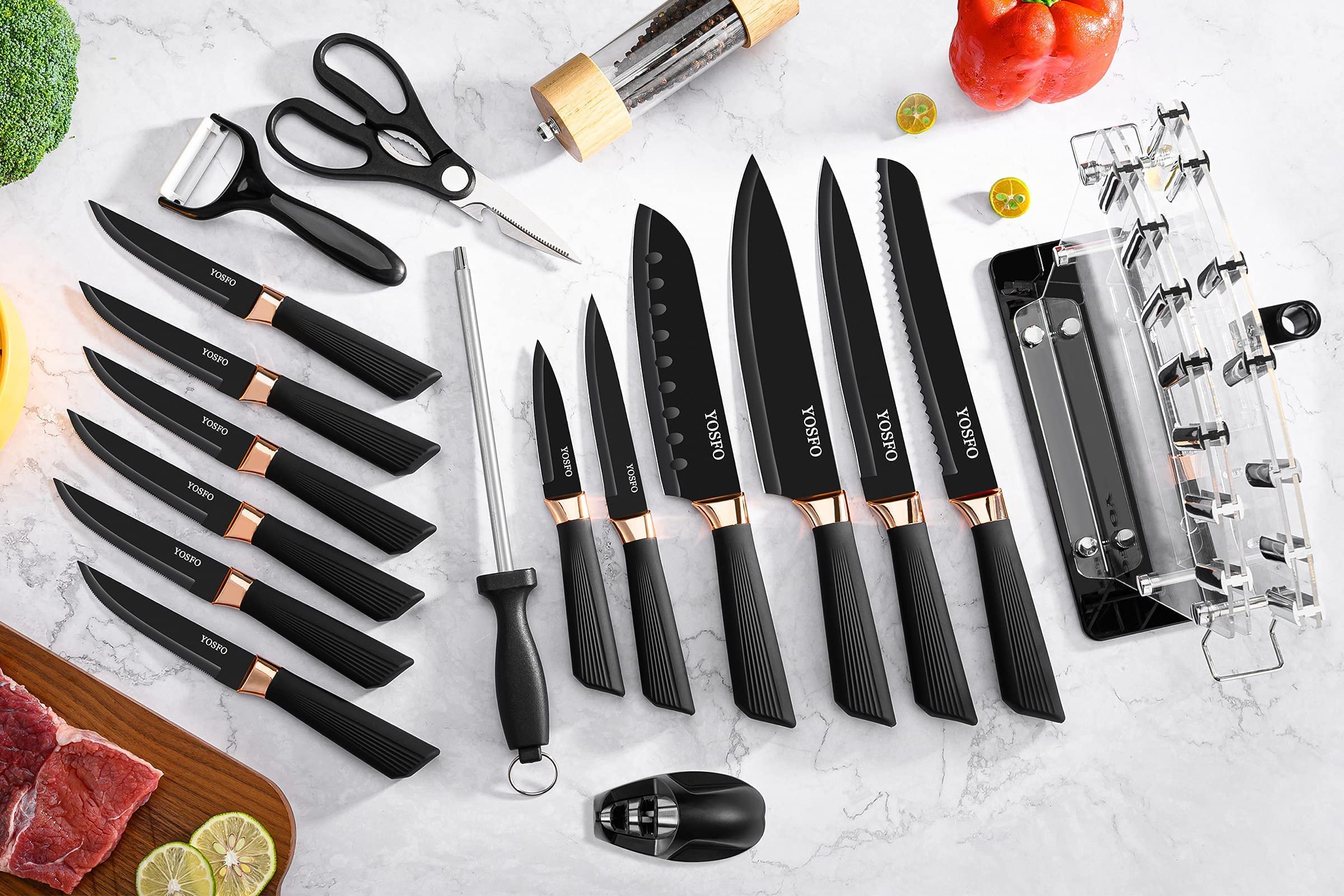 Kitchen Knife Set with Sheath, 6 Piece Stainless Steel Chef Knives Set, Includes 8'' Chef Knife, 8'' Bread Knife, 7'' Santoku Knife, 5''Utility Knife, 8” Carving Knife, and 3.5'' Paring Knife (Black)