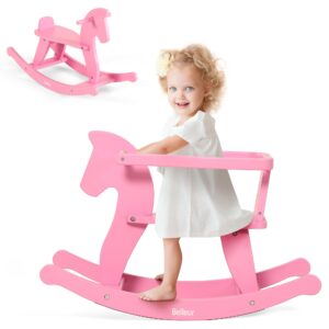 belleur wooden rocking horse for toddler 1-3 year old, baby wood ride-on toys with removable fence for indoor & outdoor activities, boys & girls rocking animal for birthday pink