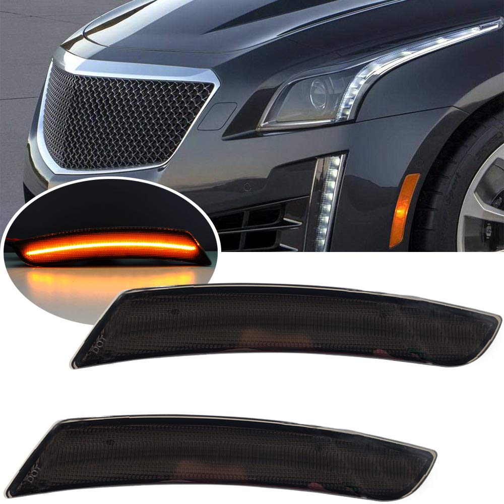 CTS/ATS Amber LED Front Side Marker Lamps Replacement for 2014-2020 Cadillac CTS & 2015-2020 Cadillac ATS Smoked Lens LED Turn Singal Lights Kits Replace OEM Sidemarker Lamps