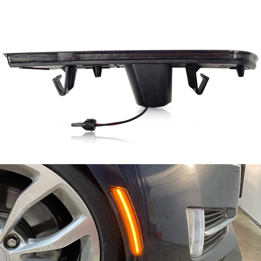 CTS/ATS Amber LED Front Side Marker Lamps Replacement for 2014-2020 Cadillac CTS & 2015-2020 Cadillac ATS Smoked Lens LED Turn Singal Lights Kits Replace OEM Sidemarker Lamps