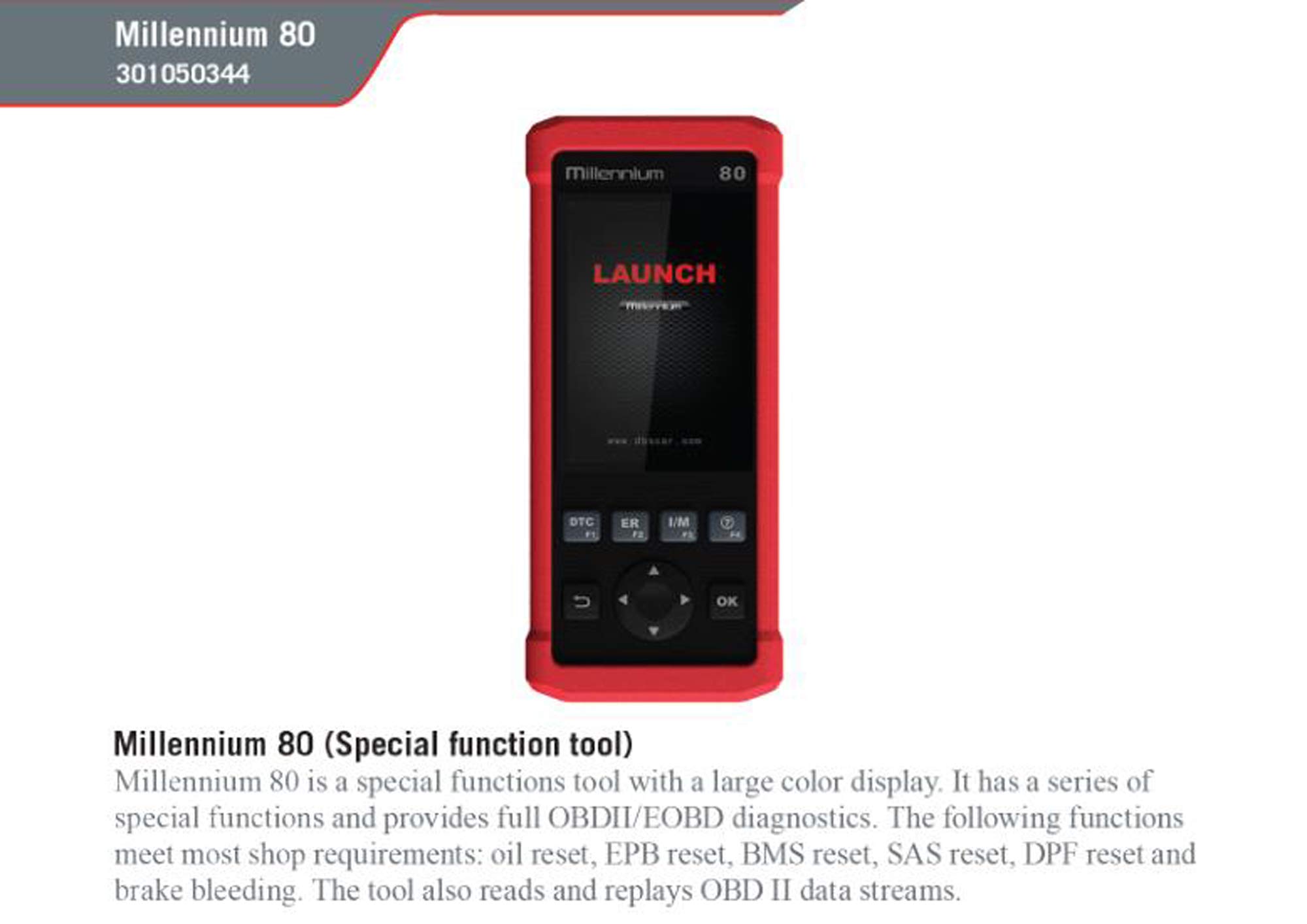 Launch Tech USA Millennium 80 Oil/EPB/BMS/SAS/DPF Reset & OBDII EOBD Car Scan Tool,LAU301050344, LTM80