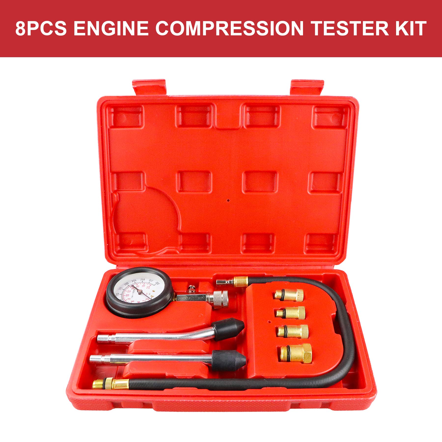 Frombet Compression Tester Kit Small Engine Cylinder Test Pressure Gauge Tool Set for Testing Motorcycle Car Automobile Outboard Motor Chainsaw Snowmobile Auto Gasoline Petrol Gas Engine 300PSI