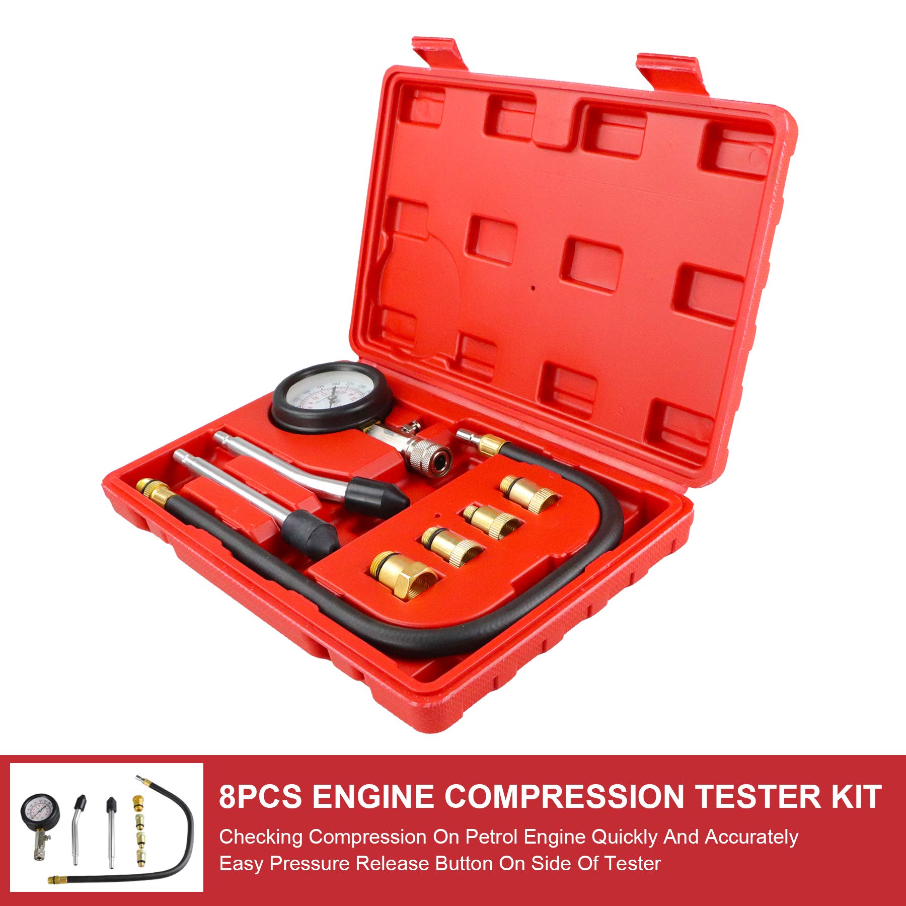 Frombet Compression Tester Kit Small Engine Cylinder Test Pressure Gauge Tool Set for Testing Motorcycle Car Automobile Outboard Motor Chainsaw Snowmobile Auto Gasoline Petrol Gas Engine 300PSI