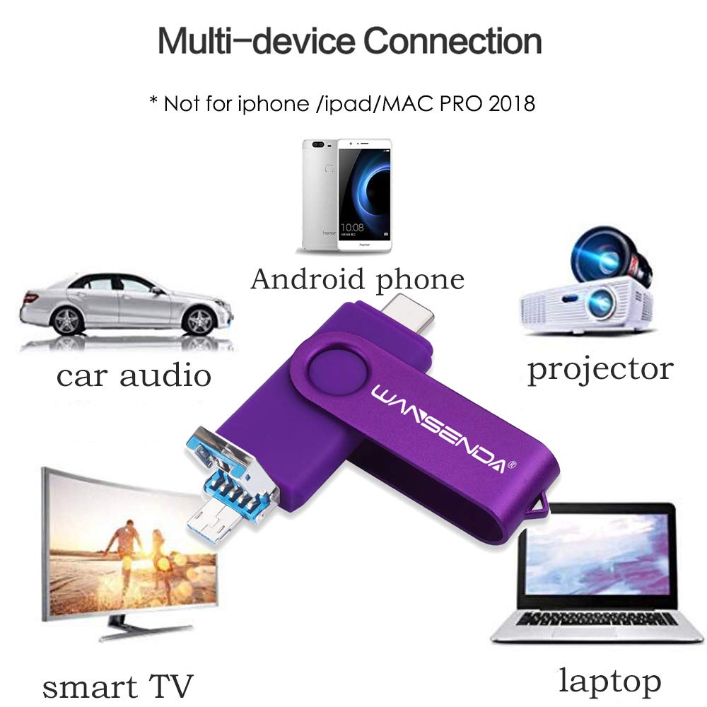 Wansenda 3 in 1 128GB USB Flash Drive, Type C + Micro USB + USB 3.0 Thumb Drive, Photo Memory Stick for Samsung Galaxy, Moto, LG and More Android Devices/PC/Mac Pro (Purple)