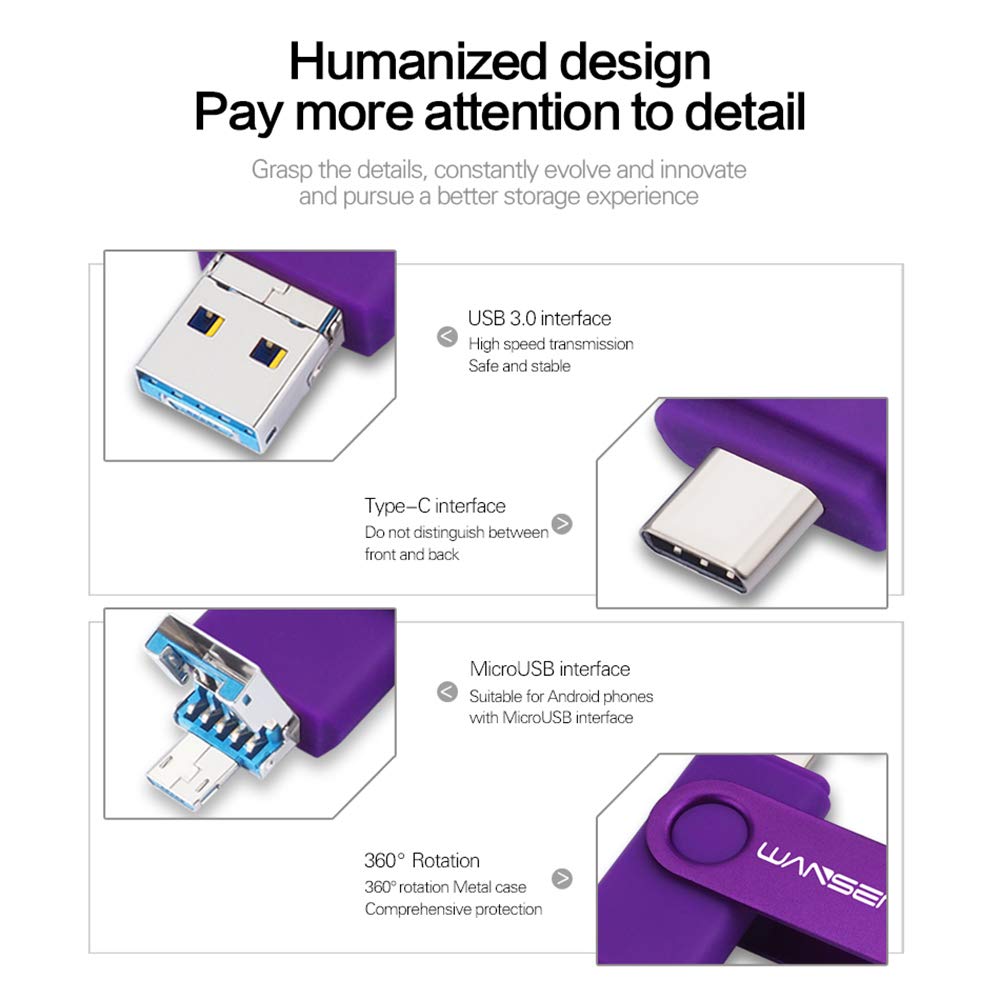 Wansenda 3 in 1 128GB USB Flash Drive, Type C + Micro USB + USB 3.0 Thumb Drive, Photo Memory Stick for Samsung Galaxy, Moto, LG and More Android Devices/PC/Mac Pro (Purple)