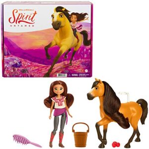 mattel spirit untamed lucky doll (approx. 7-in) & spirit horse (approx. 8-in), with long mane, trough, hay, brush, apple treat & carrots, great gift for ages 3 years old & up