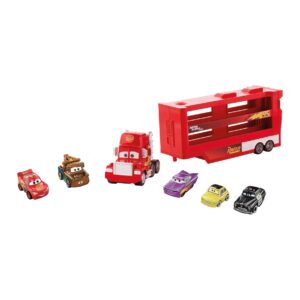 disney and pixar cars mack mini racers hauler with 5 miniature metal vehicles, lightning mcqueen's transporter, birthday gift for kids, ages 4 years and older