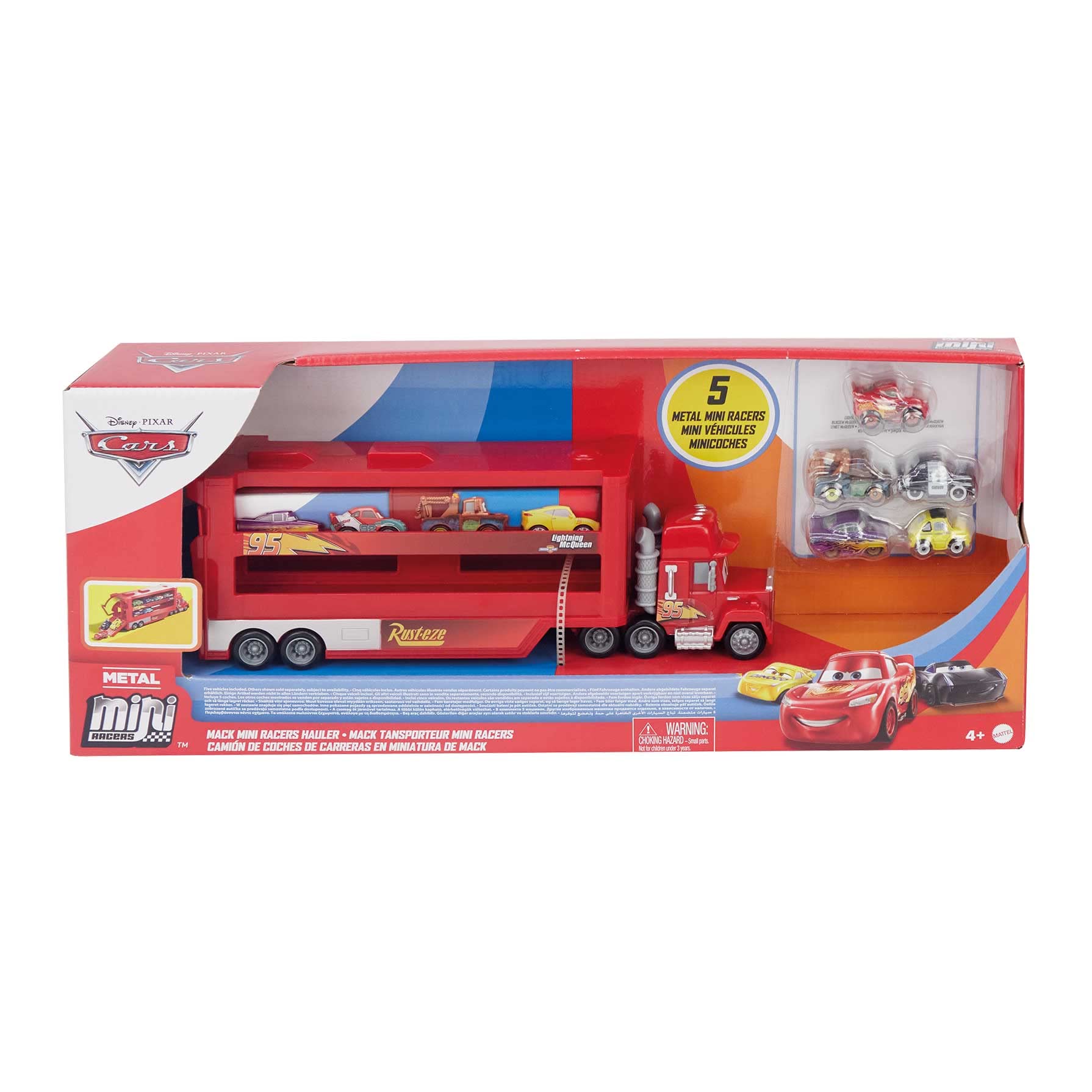 Disney and Pixar Cars Mack Mini Racers Hauler with 5 Miniature Metal Vehicles, Lightning Mcqueen's Transporter, Birthday Gift for Kids, Ages 4 Years and Older