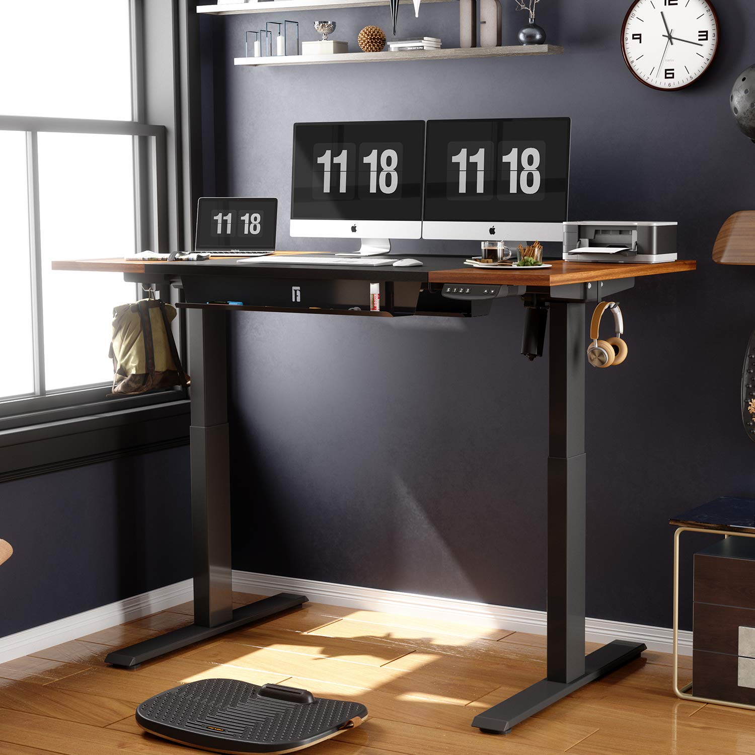 FEZIBO Height Adjustable Electric Standing Desk with Pencil Holder, 63 x 24 Inches Stand Up Desk, Sit Stand Desk with Espresso and Black Top and Black Frame