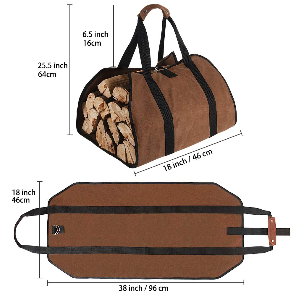 Tenn Well Firewood Carrier, 38in x 18in 16oz Waxed Canvas Log Carrier for Firewood, Wood Carrying Bag with Handles Securing Straps for Indoors Camping Trip Christmas Gift (Brown)