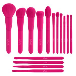 makeup brush set, 15 piece quality makeup brushes, premium synthetic make up brushes for foundation powder blush highlighter concealer makeup brush kit for travel, hot pink