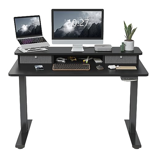 FEZIBO 48 x 24 Inch Height Adjustable Electric Standing Desk with Double Drawer, Stand Up Desk with Storage Shelf, Sit Stand Desk, Light Rustic/Black Frame