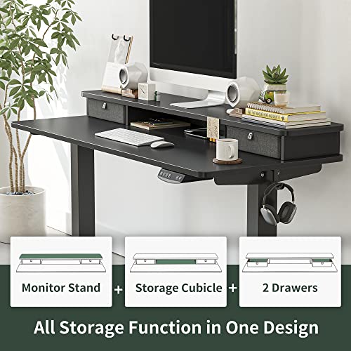 FEZIBO 48 x 24 Inch Height Adjustable Electric Standing Desk with Double Drawer, Stand Up Desk with Storage Shelf, Sit Stand Desk, Light Rustic/Black Frame