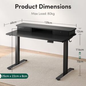 FEZIBO 48 x 24 Inch Height Adjustable Electric Standing Desk with Double Drawer, Stand Up Desk with Storage Shelf, Sit Stand Desk, Light Rustic/Black Frame