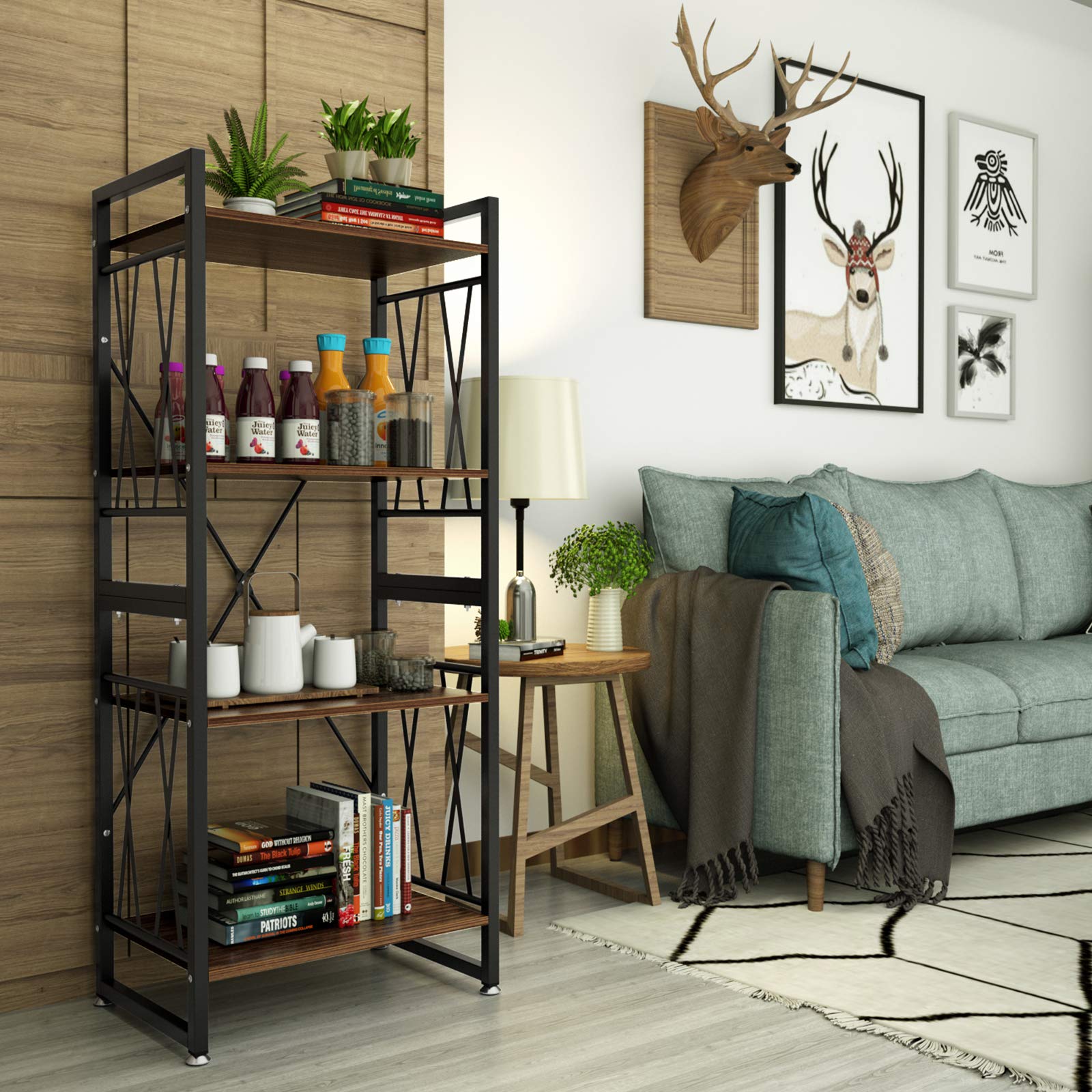 DEWEL Bookshelf 4 Tier Bookcase Shelf Storage Organizer Display Rack Modern Wood and Metal Shelves Open Standing Furniture for Home Office Study Kitchen - Elm Brown