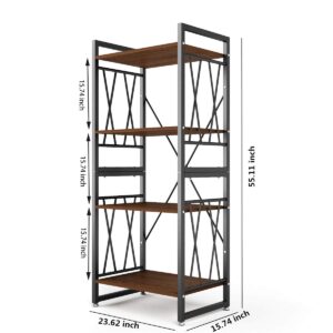 DEWEL Bookshelf 4 Tier Bookcase Shelf Storage Organizer Display Rack Modern Wood and Metal Shelves Open Standing Furniture for Home Office Study Kitchen - Elm Brown