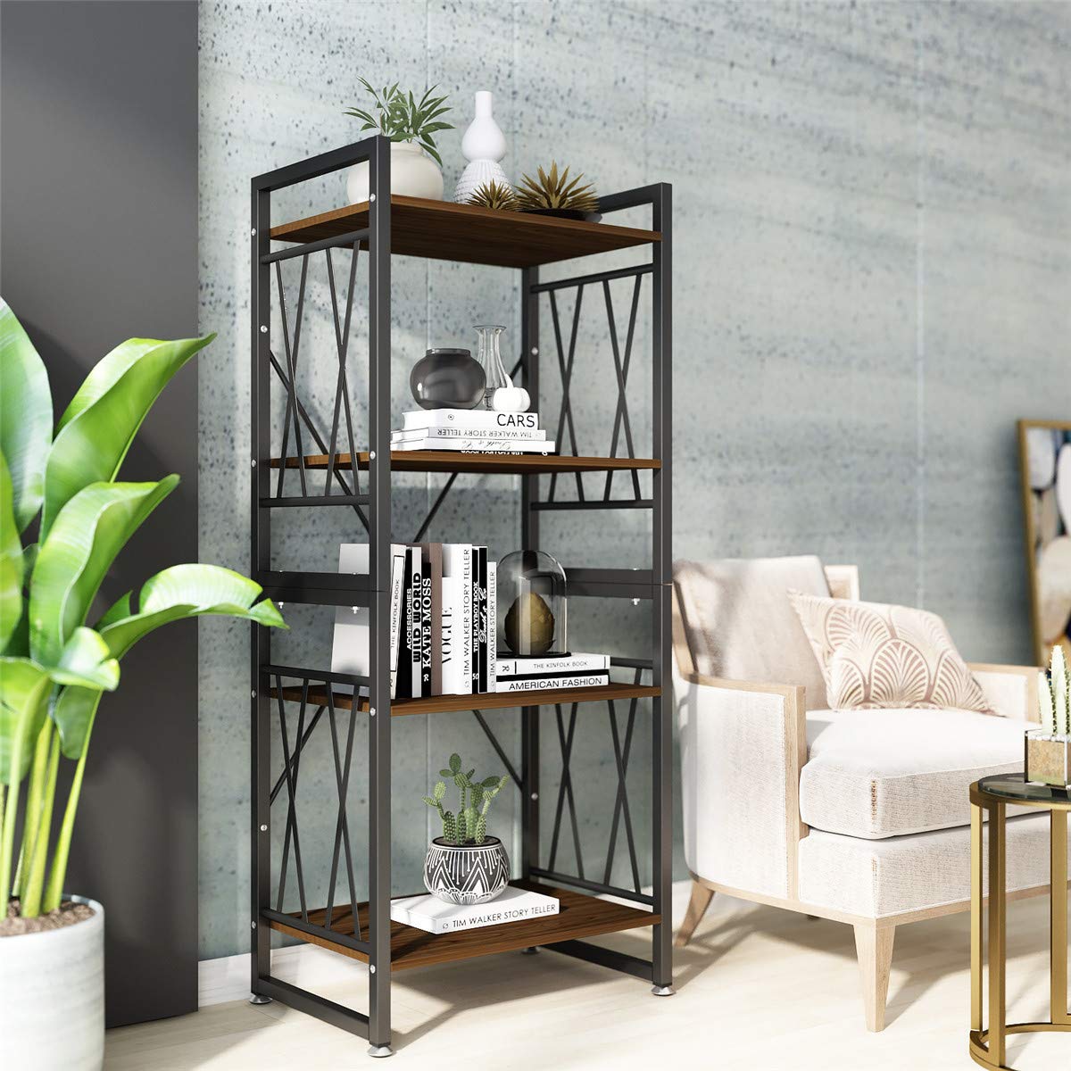 DEWEL Bookshelf 4 Tier Bookcase Shelf Storage Organizer Display Rack Modern Wood and Metal Shelves Open Standing Furniture for Home Office Study Kitchen - Elm Brown