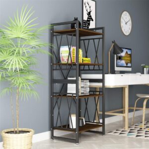 DEWEL Bookshelf 4 Tier Bookcase Shelf Storage Organizer Display Rack Modern Wood and Metal Shelves Open Standing Furniture for Home Office Study Kitchen - Elm Brown