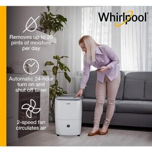 Whirlpool 20-Pint Portable Dehumidifier with Auto-Shutoff & Timer, Home Dehumidifier and Moisture Absorber For Basement, Garage, Living Room in White