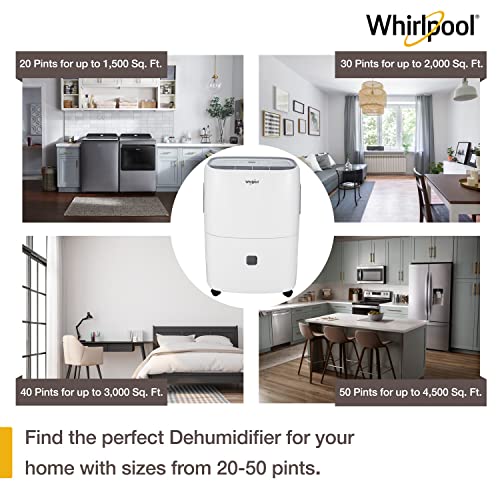 Whirlpool 20-Pint Portable Dehumidifier with Auto-Shutoff & Timer, Home Dehumidifier and Moisture Absorber For Basement, Garage, Living Room in White