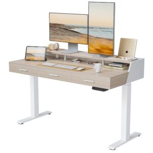 fezibo height adjustable electric standing desk with pencil holder, 55 x 24 inches stand up desk, sit stand desk with white and light rustic top and white frame