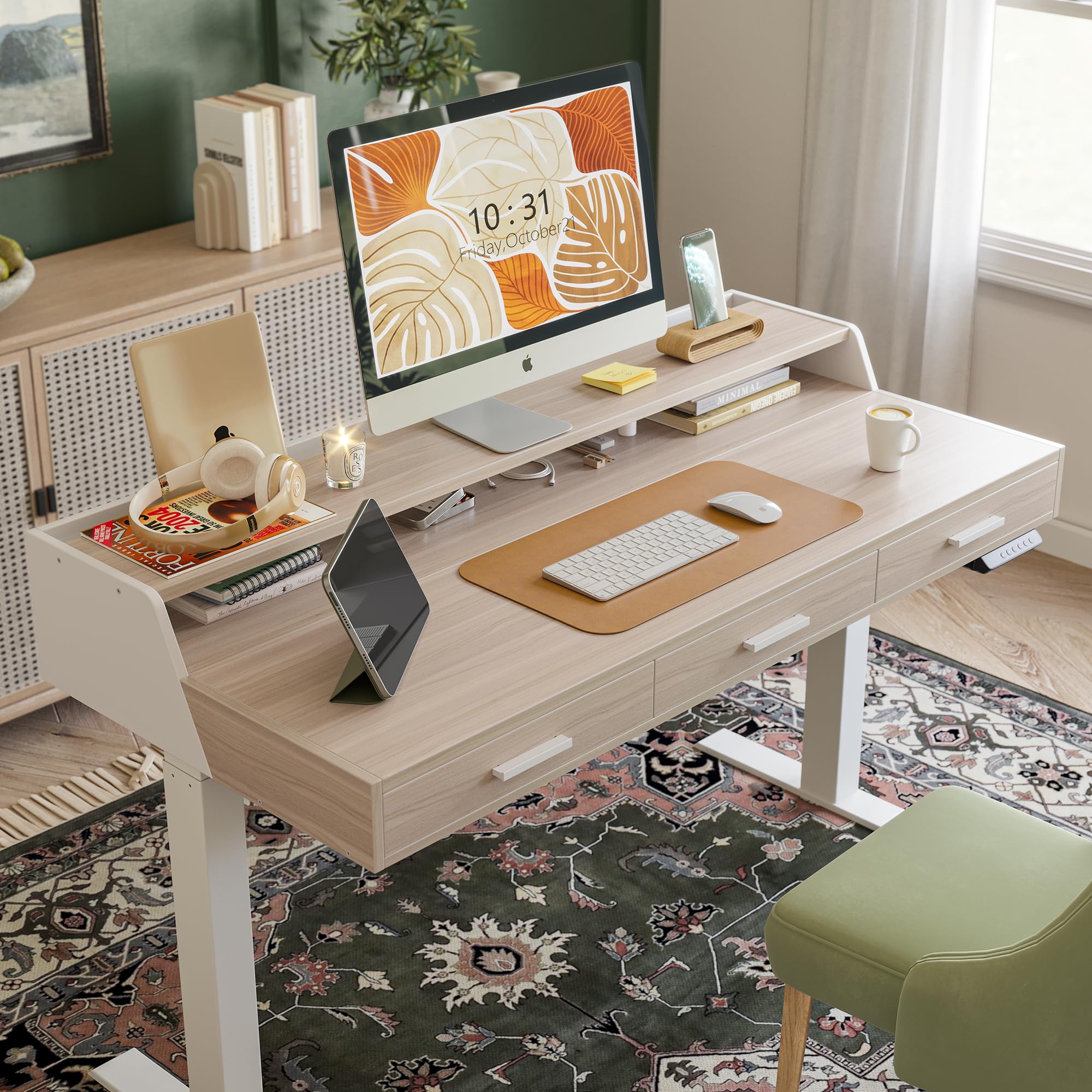 FEZIBO Height Adjustable Electric Standing Desk with Pencil Holder, 55 x 24 Inches Stand Up Desk, Sit Stand Desk with White and Light Rustic Top and White Frame