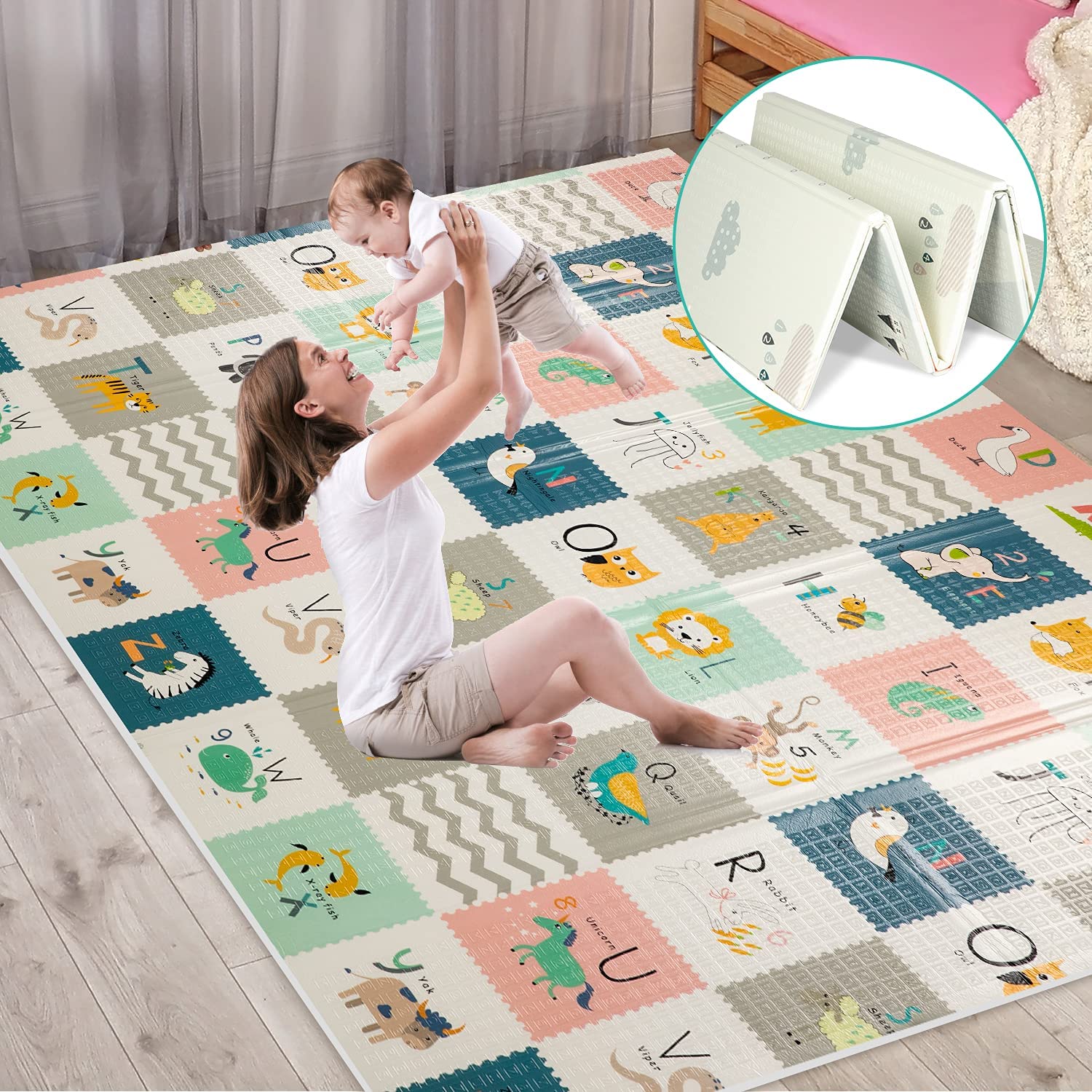 FLAGAV Baby Play Mat, 79x71x0.6 Inch Extra Large Folding Baby Crawling Mat, Waterproof Reversible Playmat Foam Non Toxic Anti-Slip Portable Kids Play Mat for Infant, Toddler