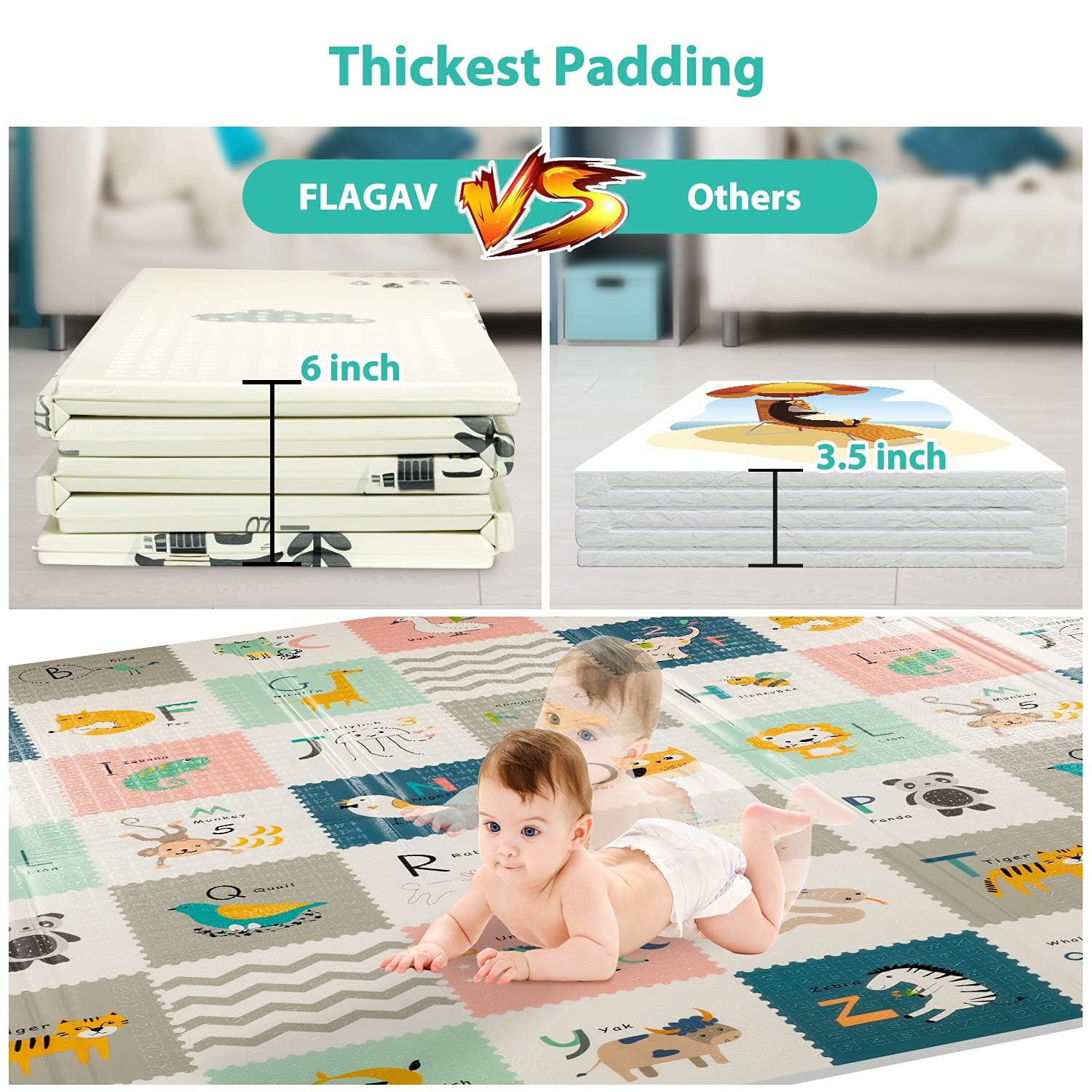 FLAGAV Baby Play Mat, 79x71x0.6 Inch Extra Large Folding Baby Crawling Mat, Waterproof Reversible Playmat Foam Non Toxic Anti-Slip Portable Kids Play Mat for Infant, Toddler