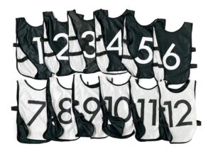 lvl10 sports pinnies - reversible numbered practice vest pennies for soccer, basketball scrimmages - adults kids (large, 12 pack (1-12), black/white)