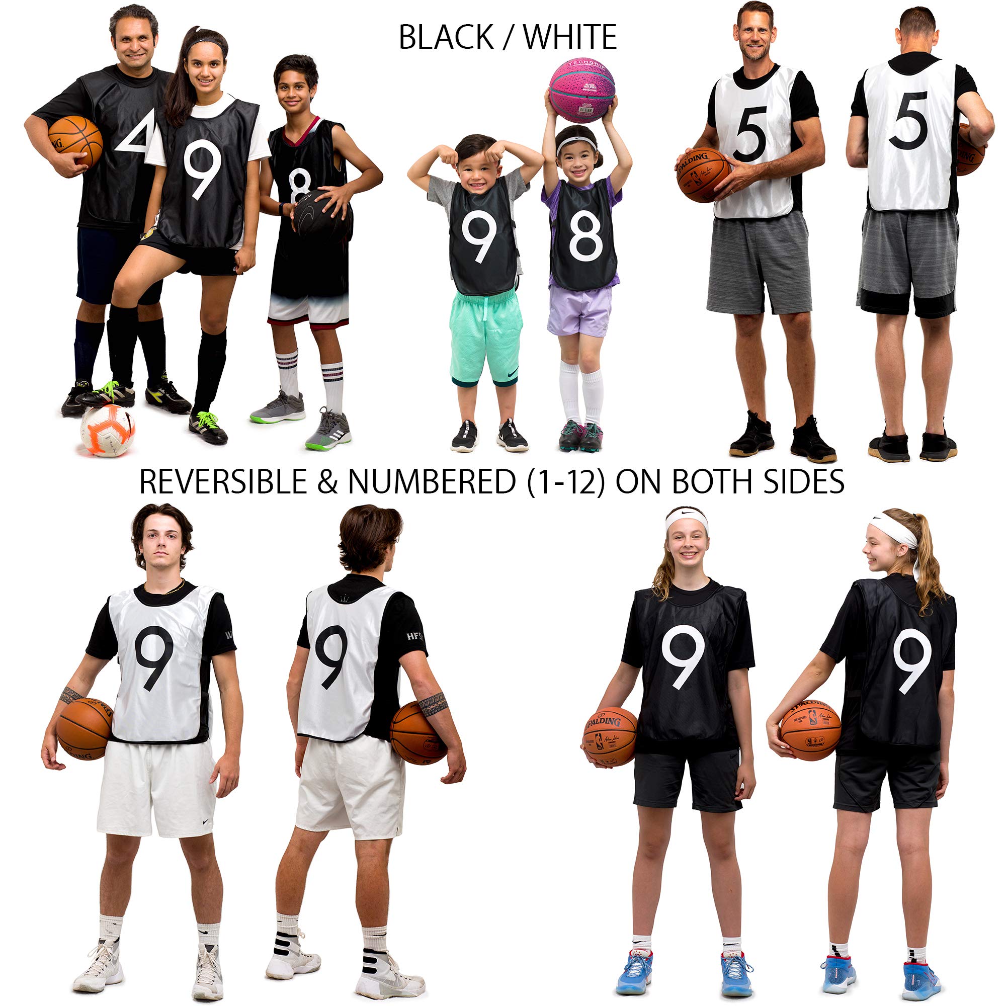 LVL10 Sports Pinnies - Reversible Numbered Practice Vest Pennies for Soccer, Basketball Scrimmages - Adults Kids (Large, 12 Pack (1-12), Black/White)