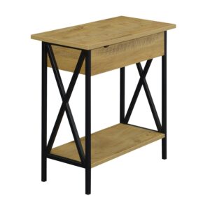 convenience concepts tucson flip top end table with charging station and shelf, 23.75"l x 11.25"w x 24"h, english oak/black
