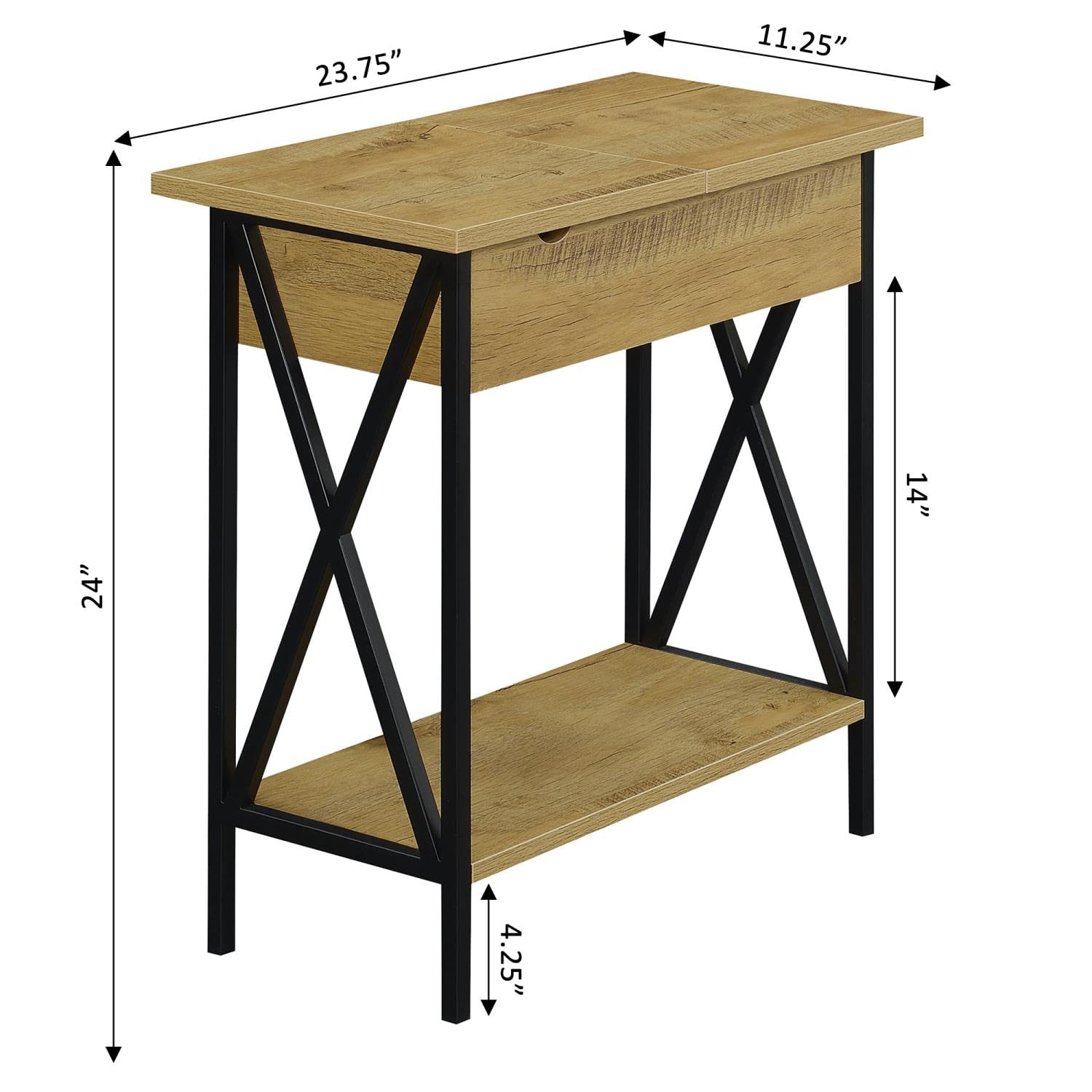 Convenience Concepts Tucson Flip Top End Table with Charging Station and Shelf, 23.75"L x 11.25"W x 24"H, English Oak/Black