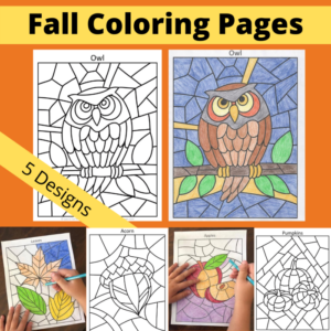 fall coloring pages: owl, pumpkins, leaves, acorns, apples