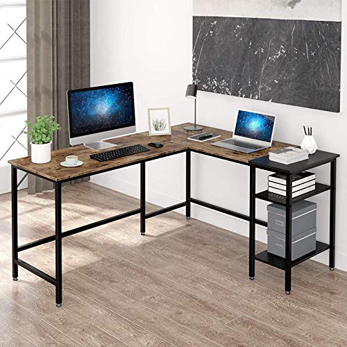 AJP Distributors L Shape Computer Desk with Storage Shelf Study Writing Table for Home Office, Modern Simple Style PC Desk, Black Metal Frame, Rustic