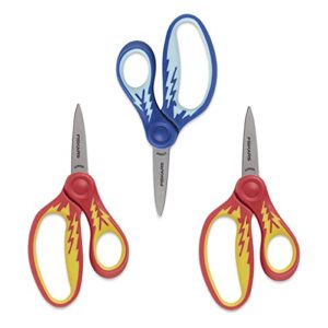 fiskars 5" softgrip pointed-tip scissors for kids ages 4-7 (3-pack) - scissors for school or crafting - back to school supplies - blue and red lightning