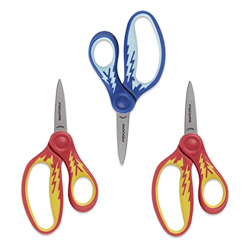 Fiskars 5" SoftGrip Pointed-Tip Scissors for Kids Ages 4-7 (3-Pack) - Scissors for School or Crafting - Back to School Supplies - Blue and Red Lightning